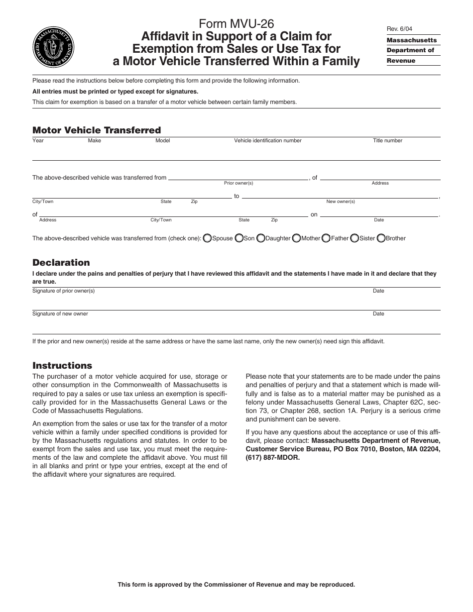 Form MVU-26 Affidavit in Support of a Claim for Exemption From Sales or Use Tax for a Motor Vehicle Transferred Within a Family - Massachusetts, Page 1