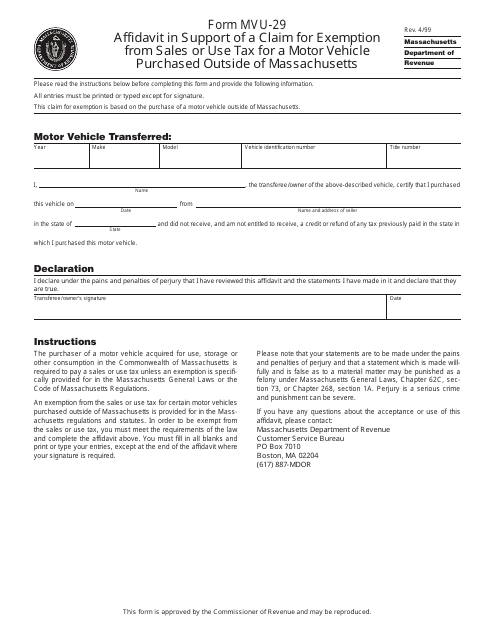 Form MVU-29  Printable Pdf