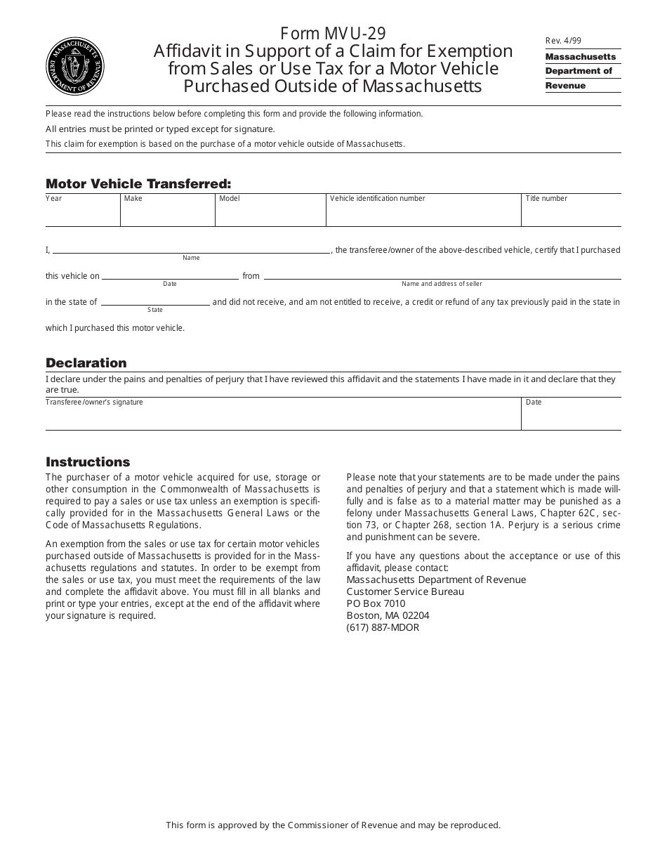 Form MVU-29 Affidavit in Support of a Claim for Exemption From Sales or Use Tax for a Motor Vehicle Purchased Outside of Massachusetts - Massachusetts, Page 1