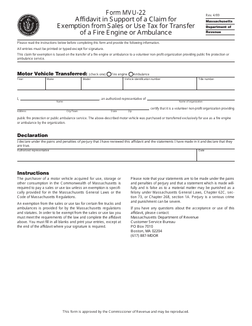 Form MVU-22 Affidavit in Support of a Claim for Exemption From Sales or Use Tax for Transfer of a Fire Engine or Ambulance - Massachusetts