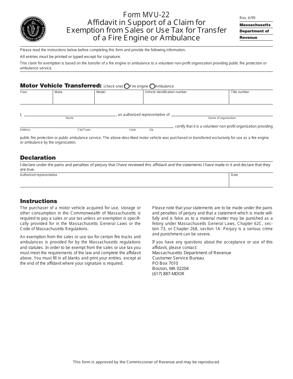 Form MVU-22 Affidavit in Support of a Claim for Exemption From Sales or Use Tax for Transfer of a Fire Engine or Ambulance - Massachusetts, Page 1