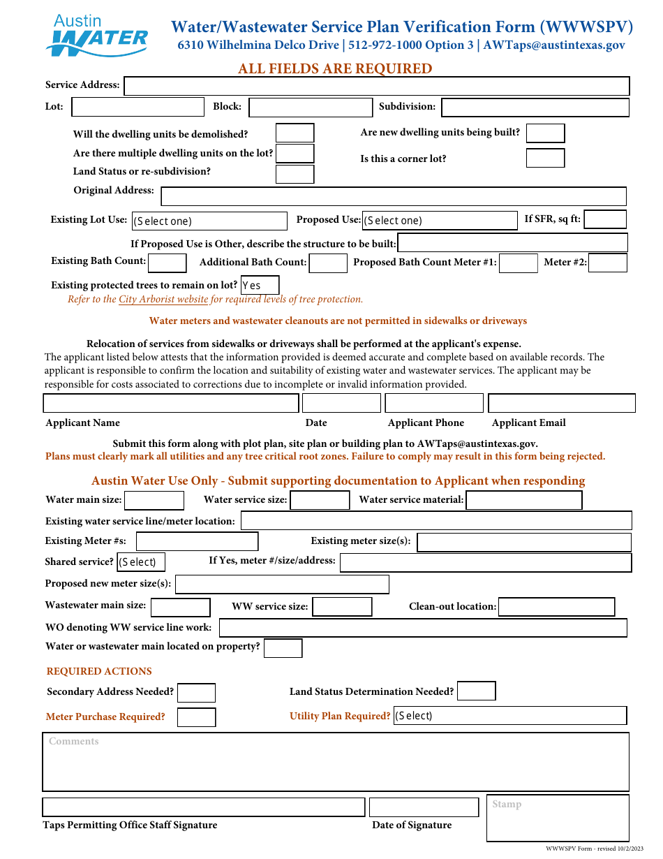 Water / Wastewater Service Plan Verification Form - City of Austin, Texas, Page 1