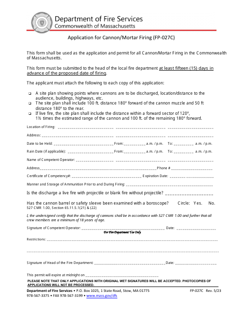 Form FP-027C Application for Cannon/Mortar Firing - Massachusetts