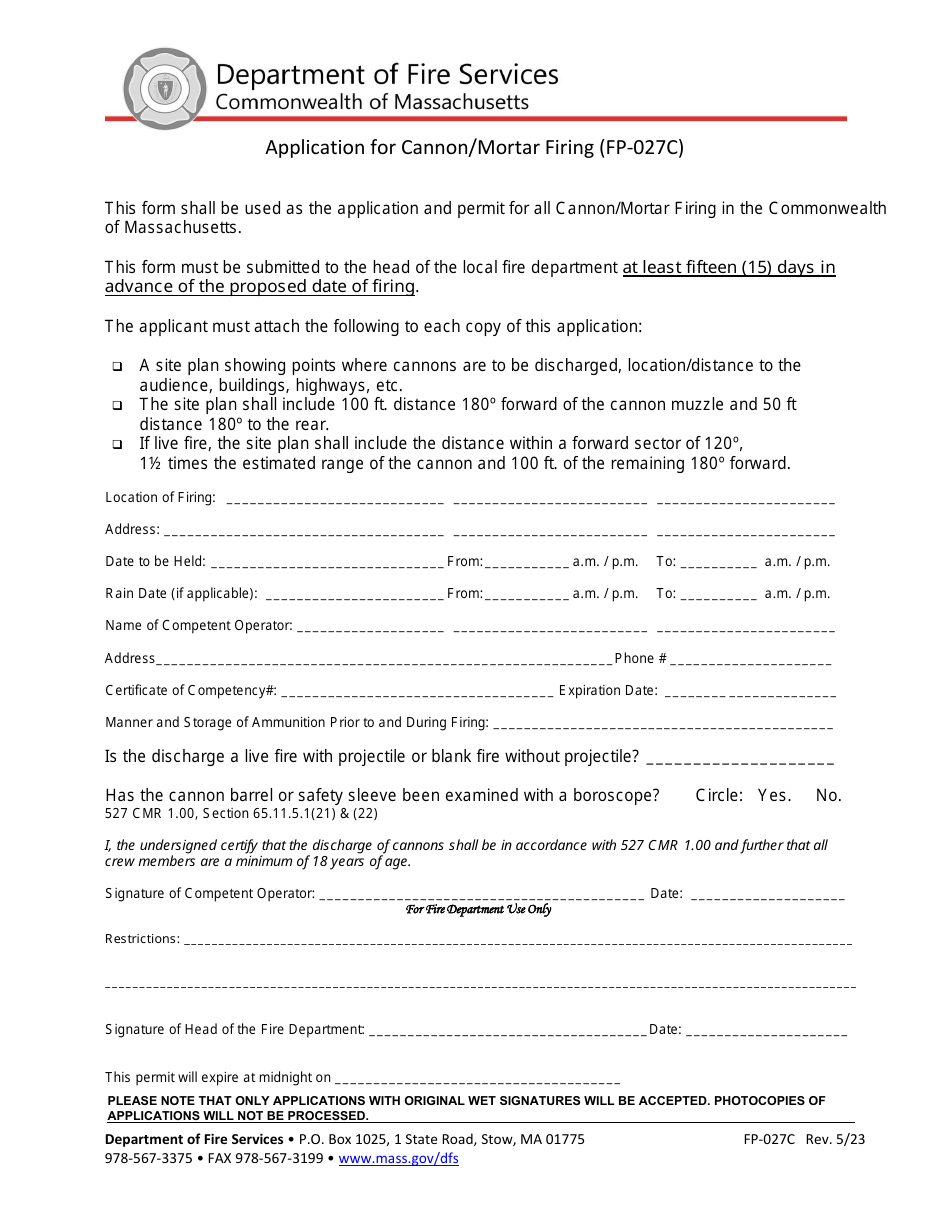 Form FP-027C Application for Cannon / Mortar Firing - Massachusetts, Page 1