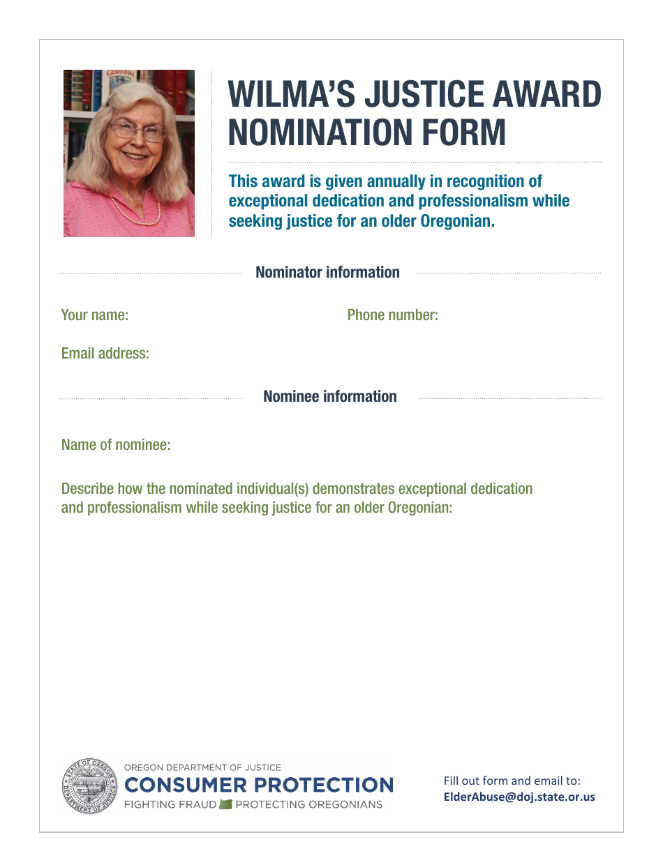 Wilmas Justice Award Nomination Form - Oregon, Page 1