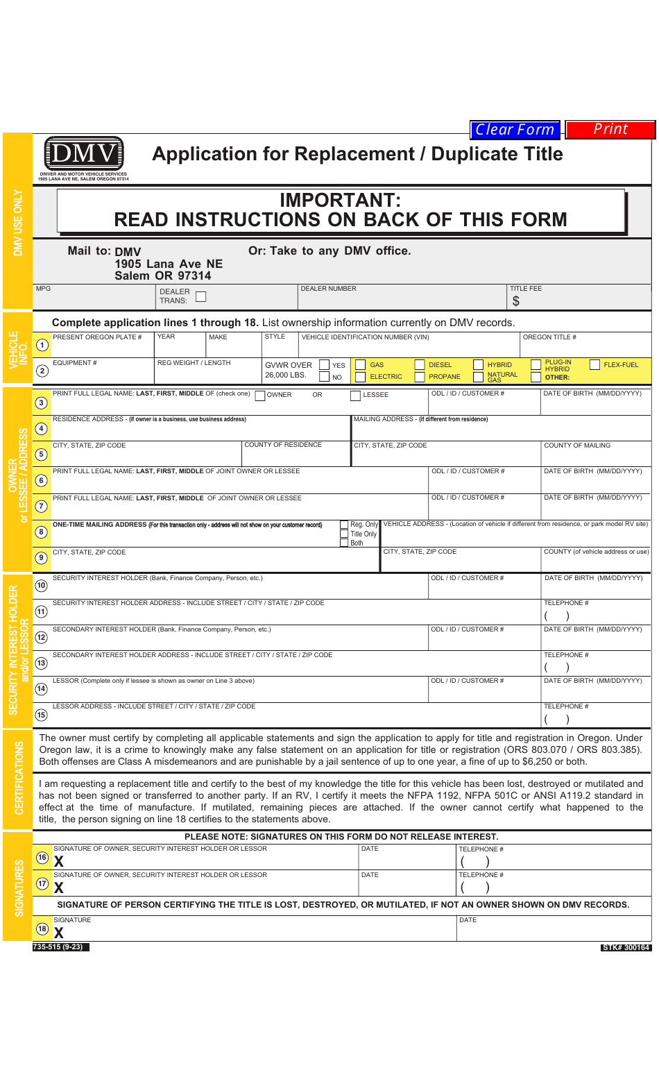 Form 735-515 Application for Replacement / Duplicate Title - Oregon, Page 1