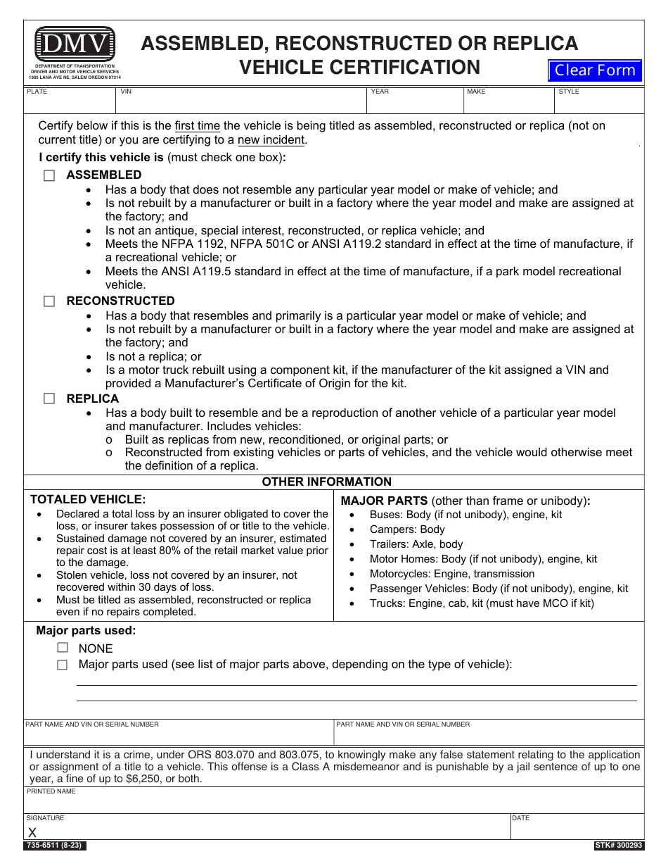 Form 735-6511 Assembled, Reconstructed or Replica Vehicle Certification - Oregon, Page 1