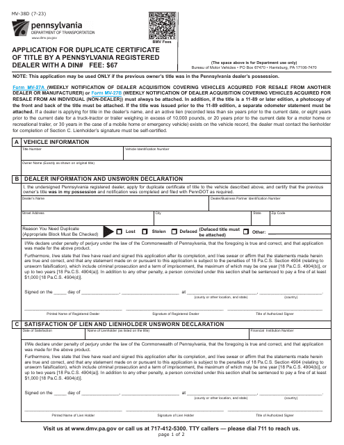 Form MV-38D Application for Duplicate Certificate of Title by a Pennsylvania Registered Dealer - Pennsylvania