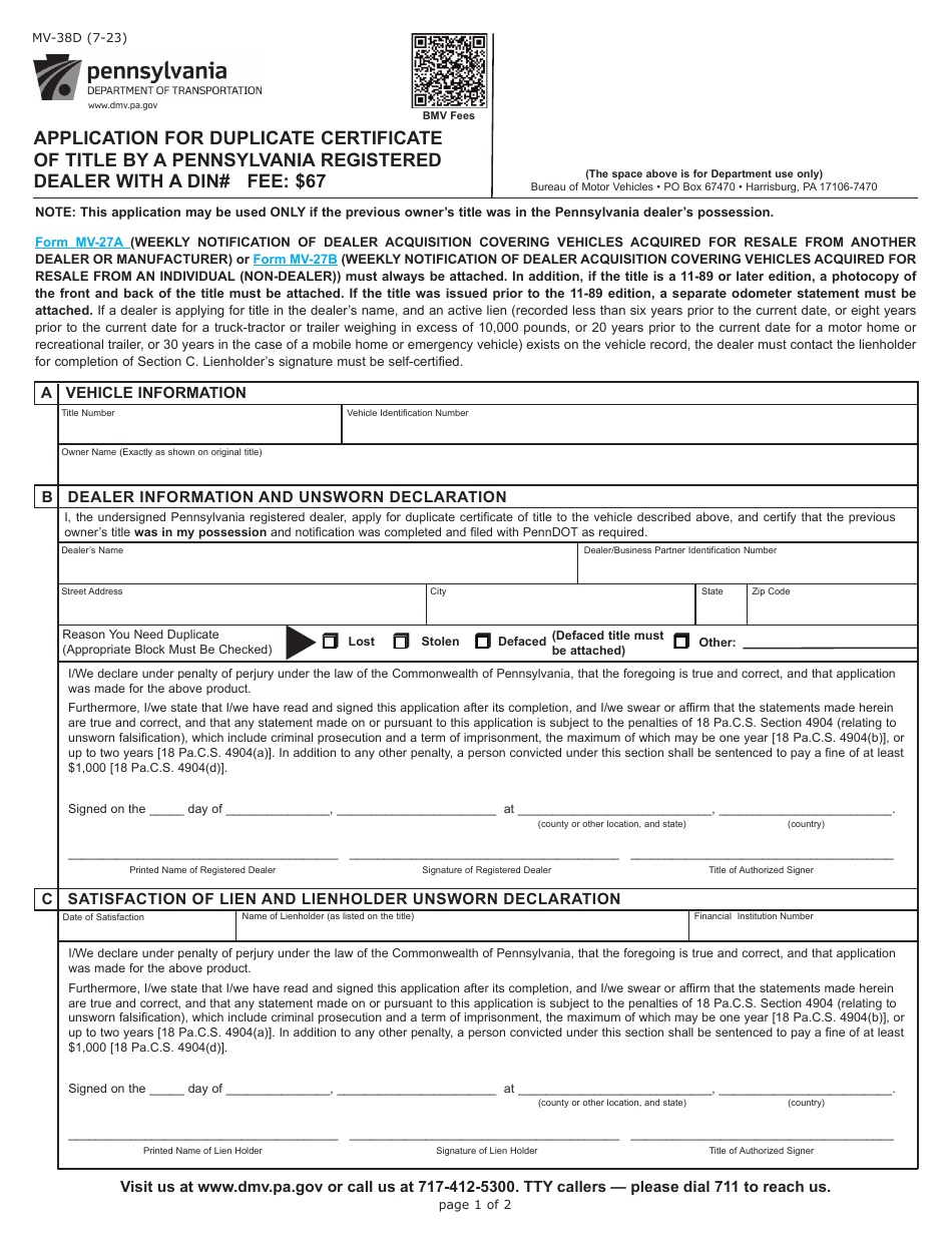 Form MV-38D Application for Duplicate Certificate of Title by a Pennsylvania Registered Dealer - Pennsylvania, Page 1