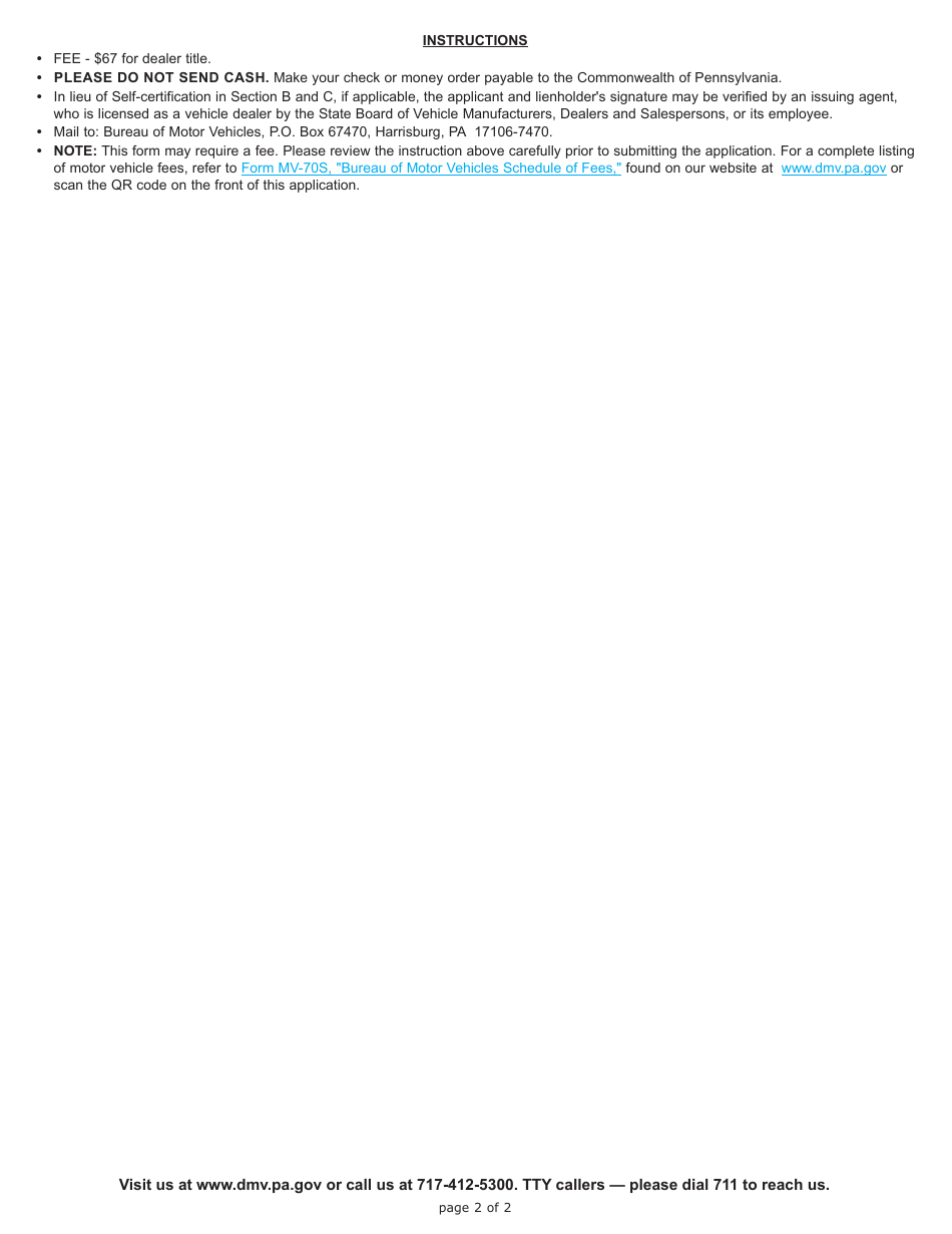 Form MV-38D Application for Duplicate Certificate of Title by a Pennsylvania Registered Dealer - Pennsylvania, Page 2