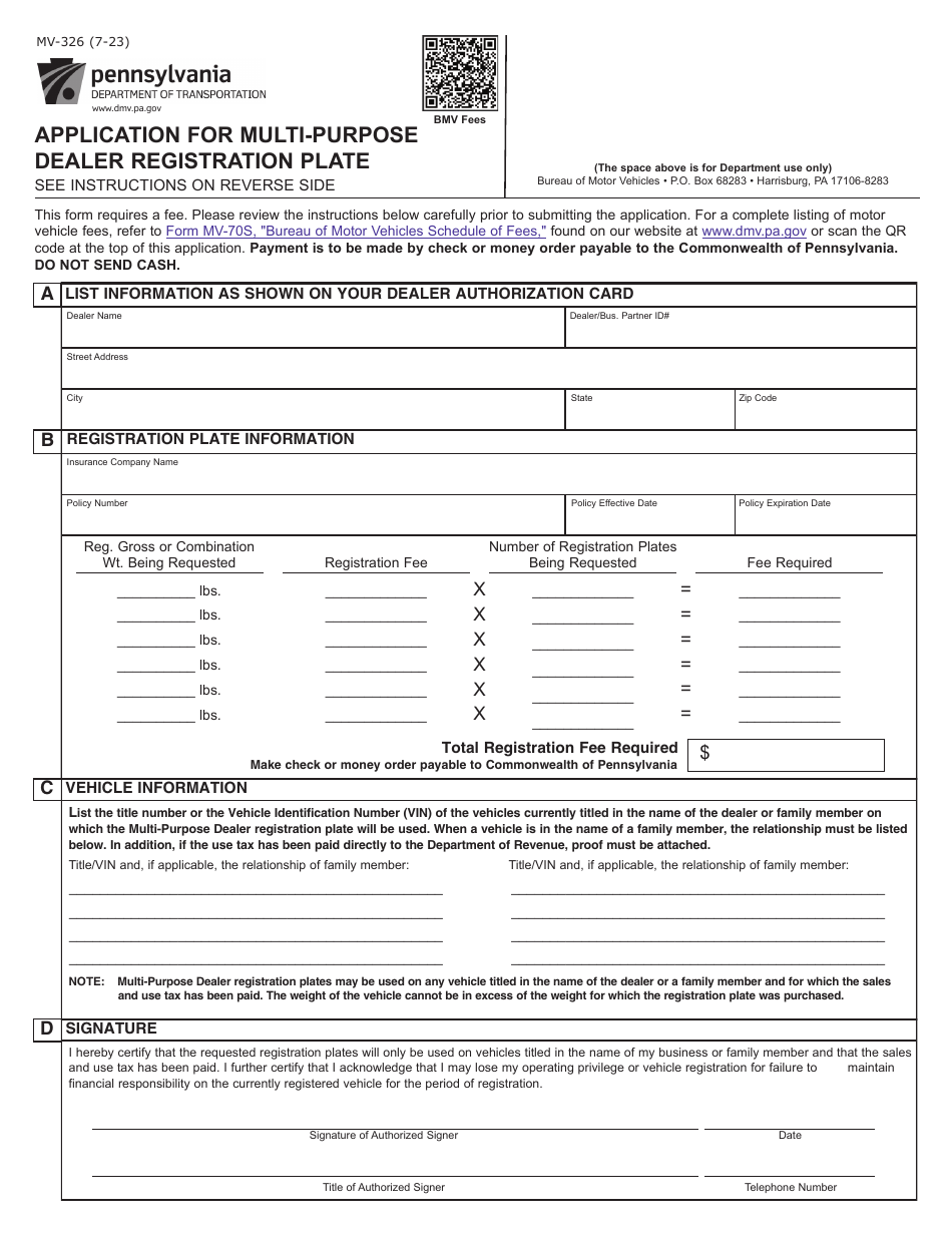 Form MV-326 Application for Multi-Purpose Dealer Registration Plate - Pennsylvania, Page 1