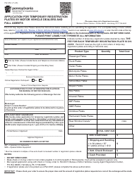 Document preview: Form MV-351 Application for Temporary Registration Plates by Motor Vehicle Dealers and Full Agents - Pennsylvania