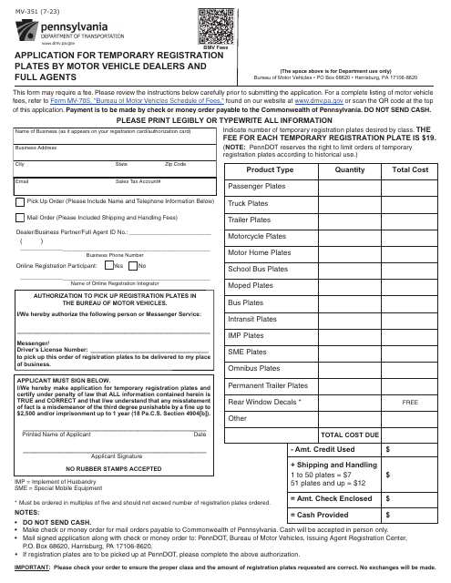 Form MV-351 Application for Temporary Registration Plates by Motor Vehicle Dealers and Full Agents - Pennsylvania