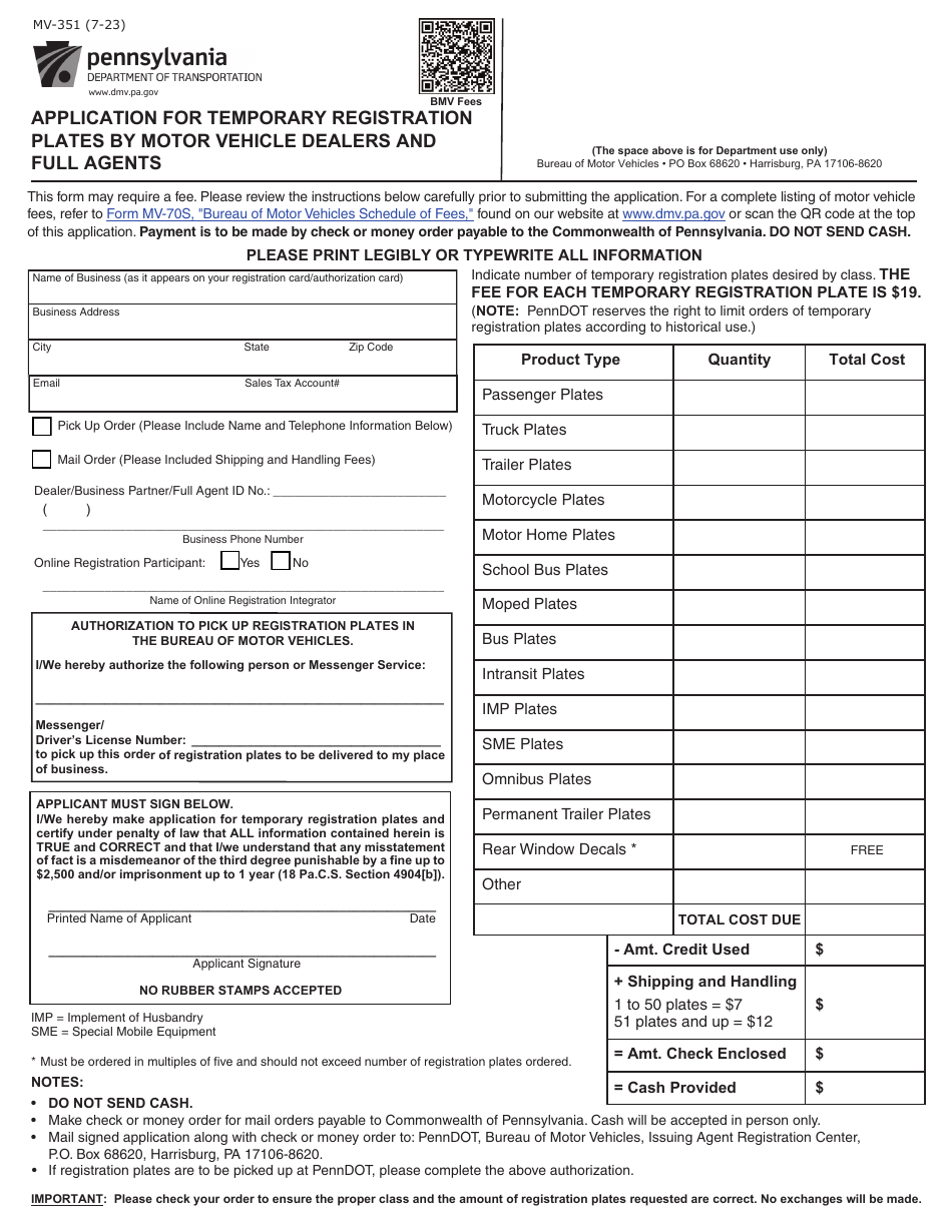 Form MV-351 Application for Temporary Registration Plates by Motor Vehicle Dealers and Full Agents - Pennsylvania, Page 1