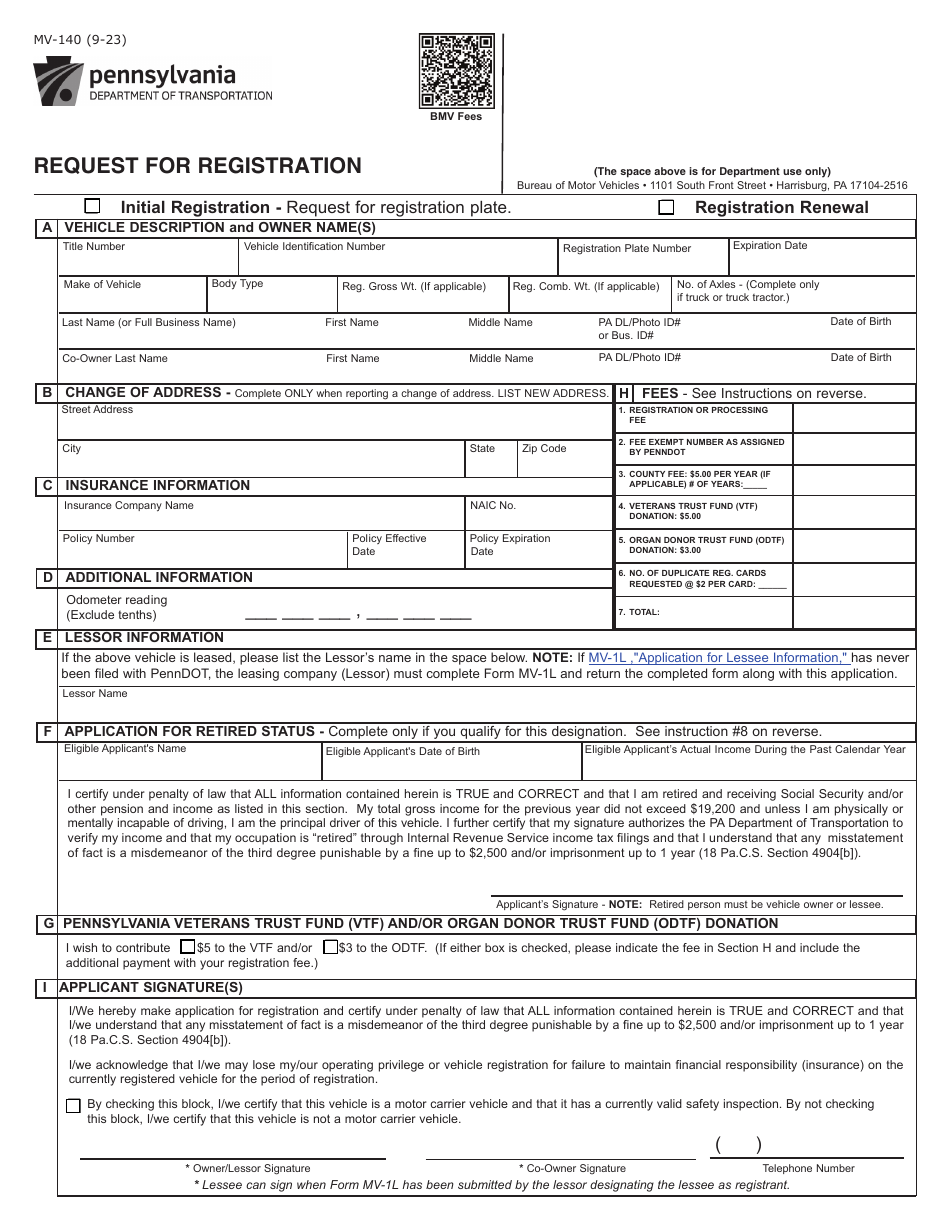 Form MV-140 Request for Registration - Pennsylvania, Page 1