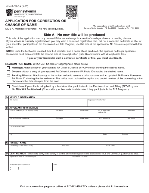 Form MV-41A Application for Correction or Change of Name - Pennsylvania