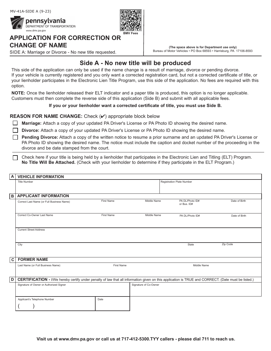 Form MV-41A Application for Correction or Change of Name - Pennsylvania, Page 1