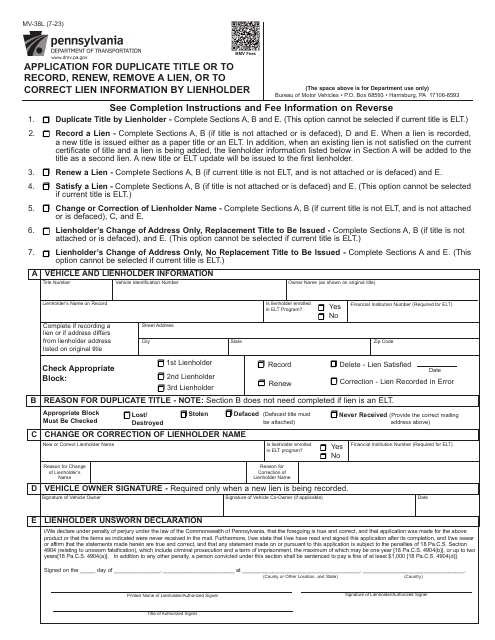 Form MV-38L Application for Duplicate Title or to Record, Renew, Remove a Lien, or to Correct Lien Information by Lienholder - Pennsylvania