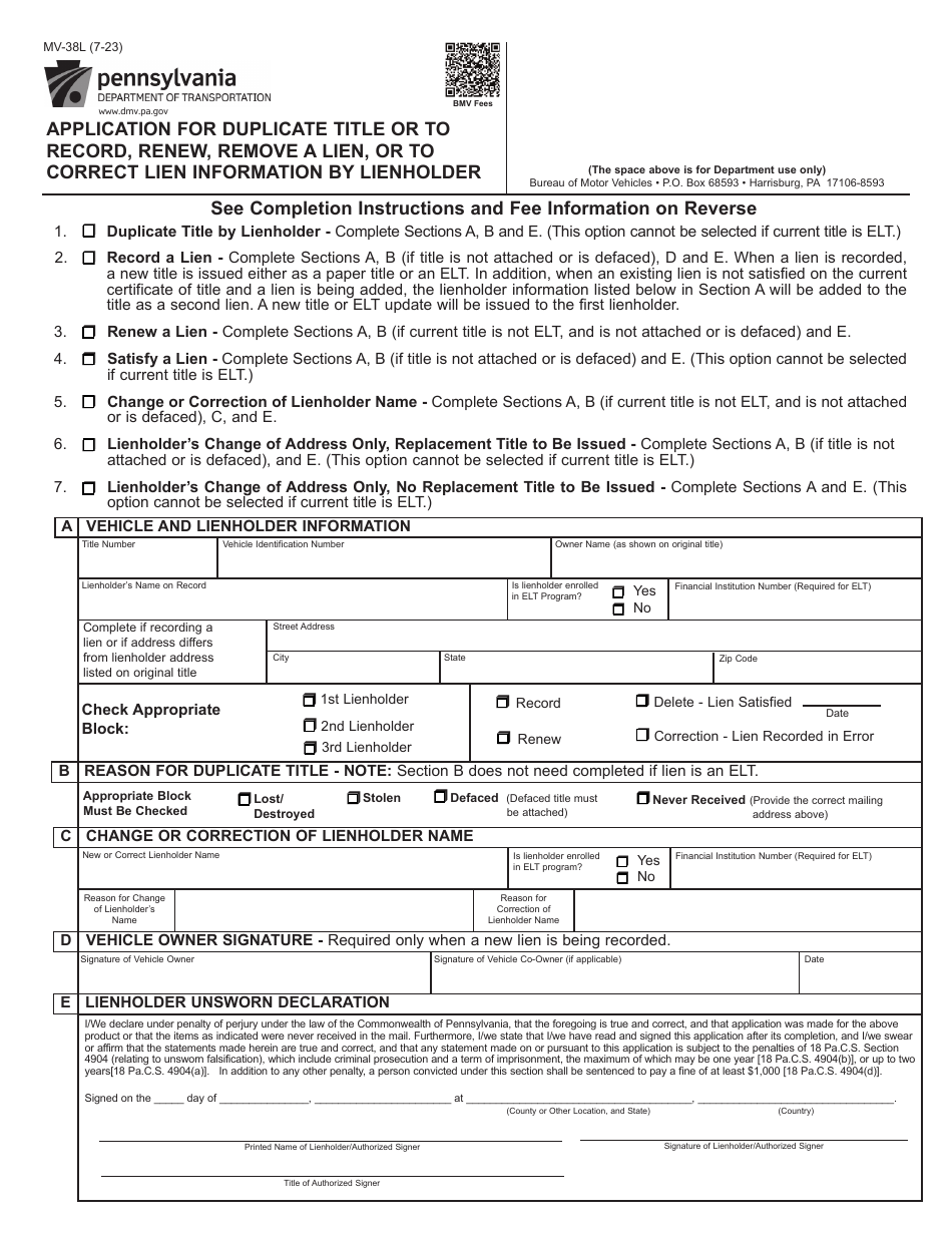 Form MV-38L Application for Duplicate Title or to Record, Renew, Remove a Lien, or to Correct Lien Information by Lienholder - Pennsylvania, Page 1
