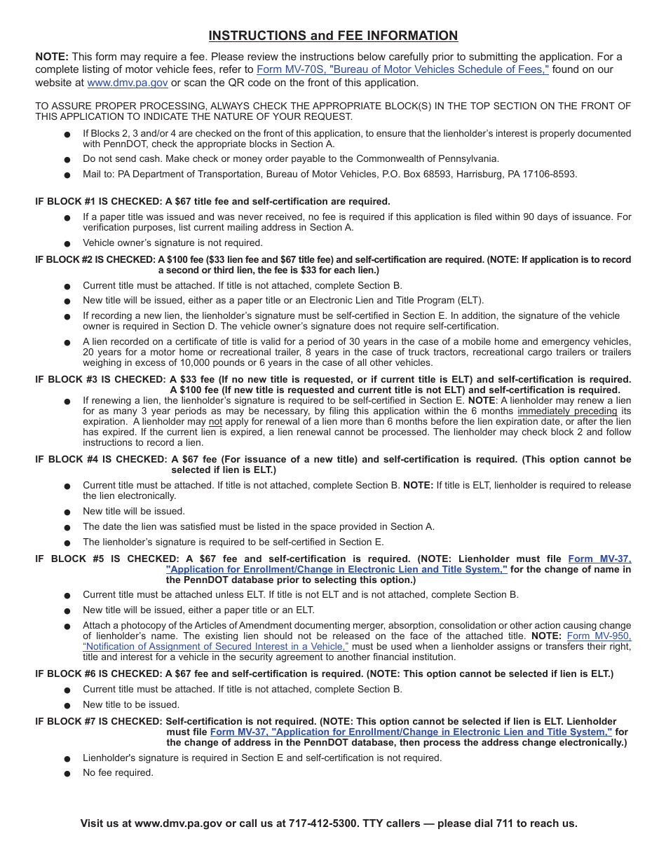 Form MV-38L Application for Duplicate Title or to Record, Renew, Remove a Lien, or to Correct Lien Information by Lienholder - Pennsylvania, Page 2