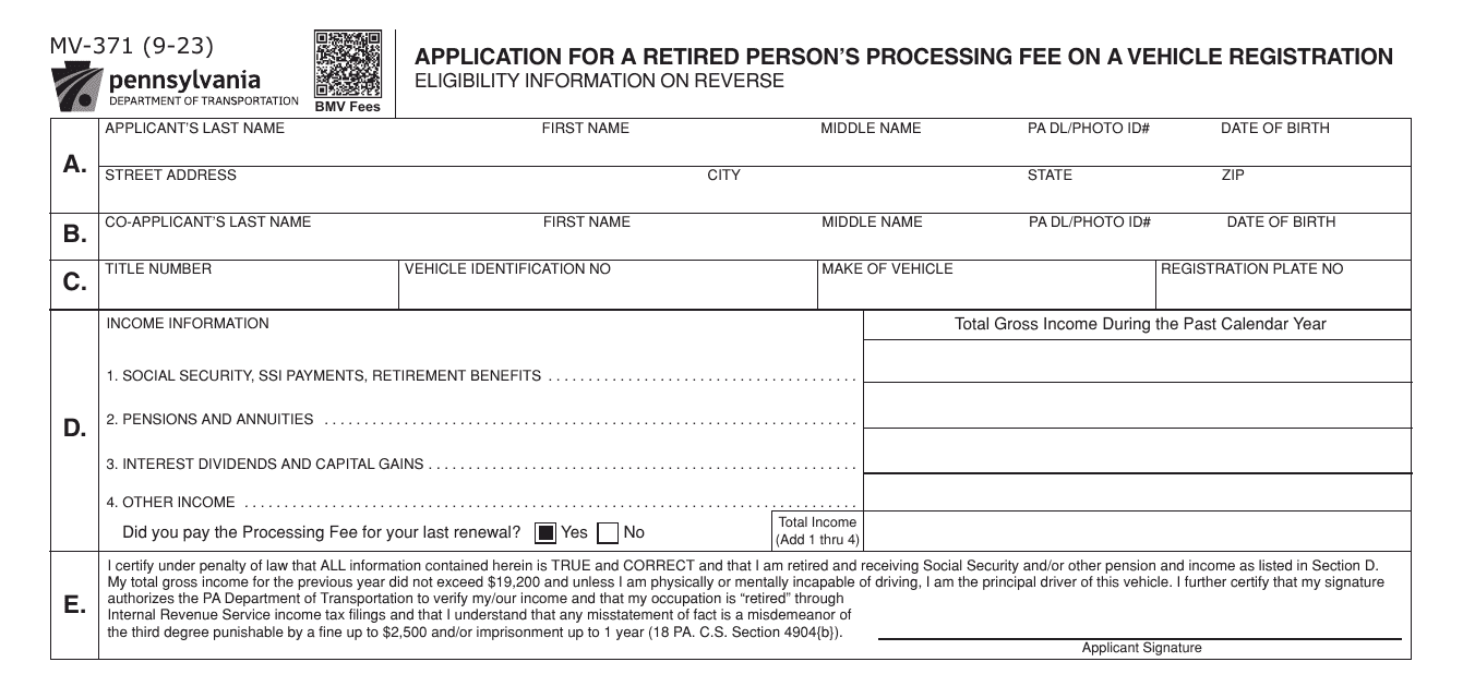 Form MV-371 Application for a Retired Person's Processing Fee on a Vehicle Registration - Pennsylvania
