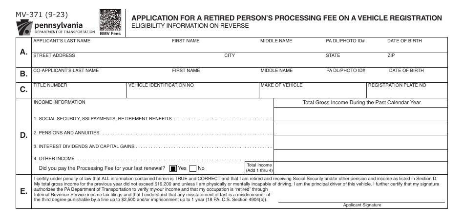 Form MV-371 Application for a Retired Persons Processing Fee on a Vehicle Registration - Pennsylvania, Page 1