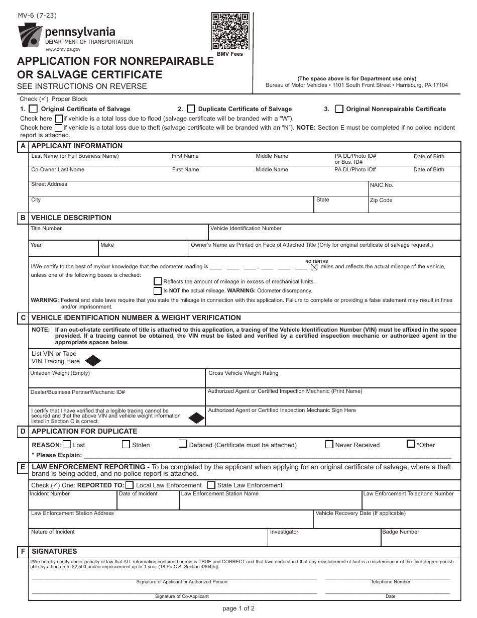 Form Mv 6 Download Fillable Pdf Or Fill Online Application For Nonrepairable Or Salvage 9782