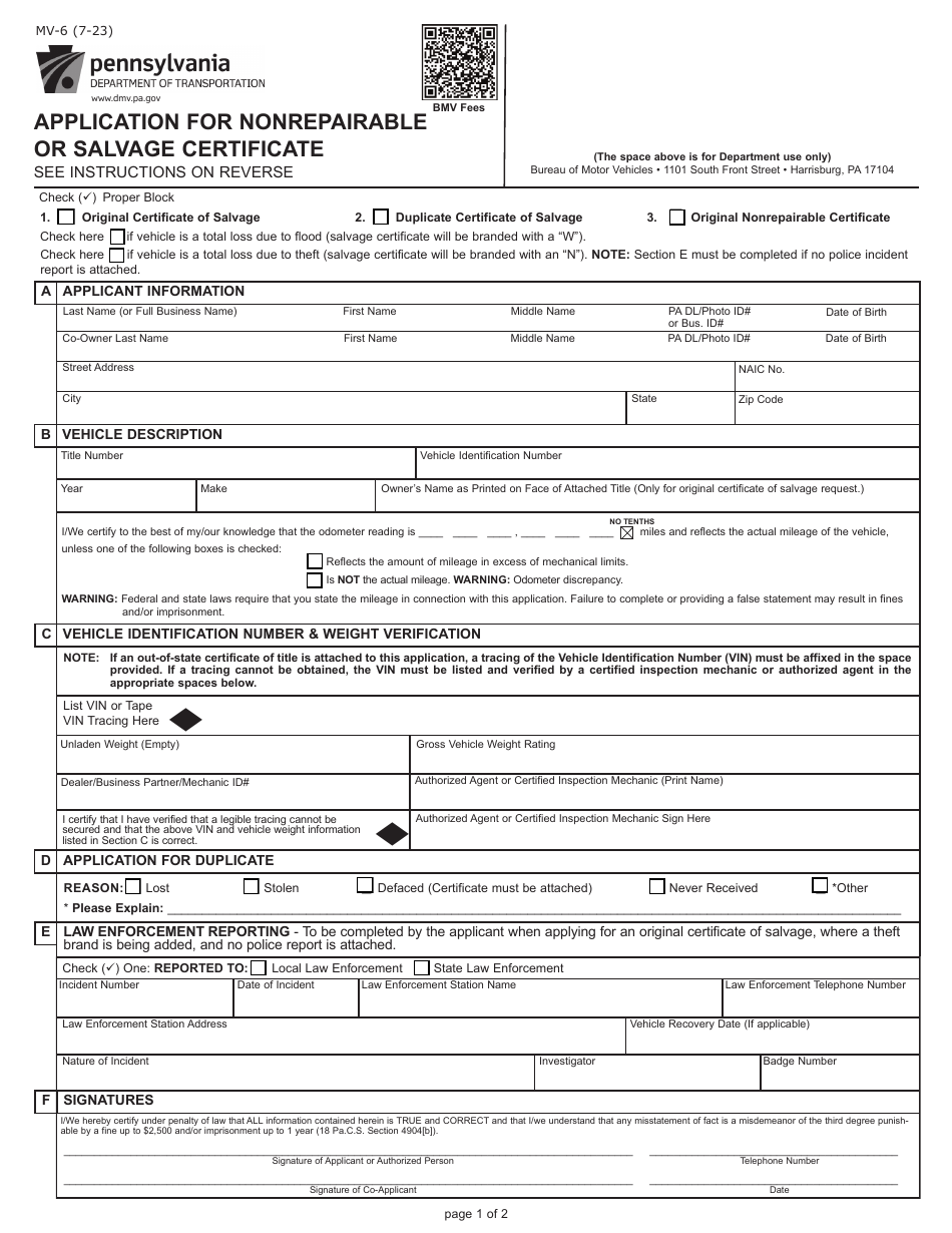 Form MV-6 Application for Nonrepairable or Salvage Certificate - Pennsylvania, Page 1