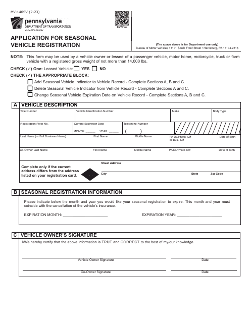 Form MV-140SV Application for Seasonal Vehicle Registration - Pennsylvania