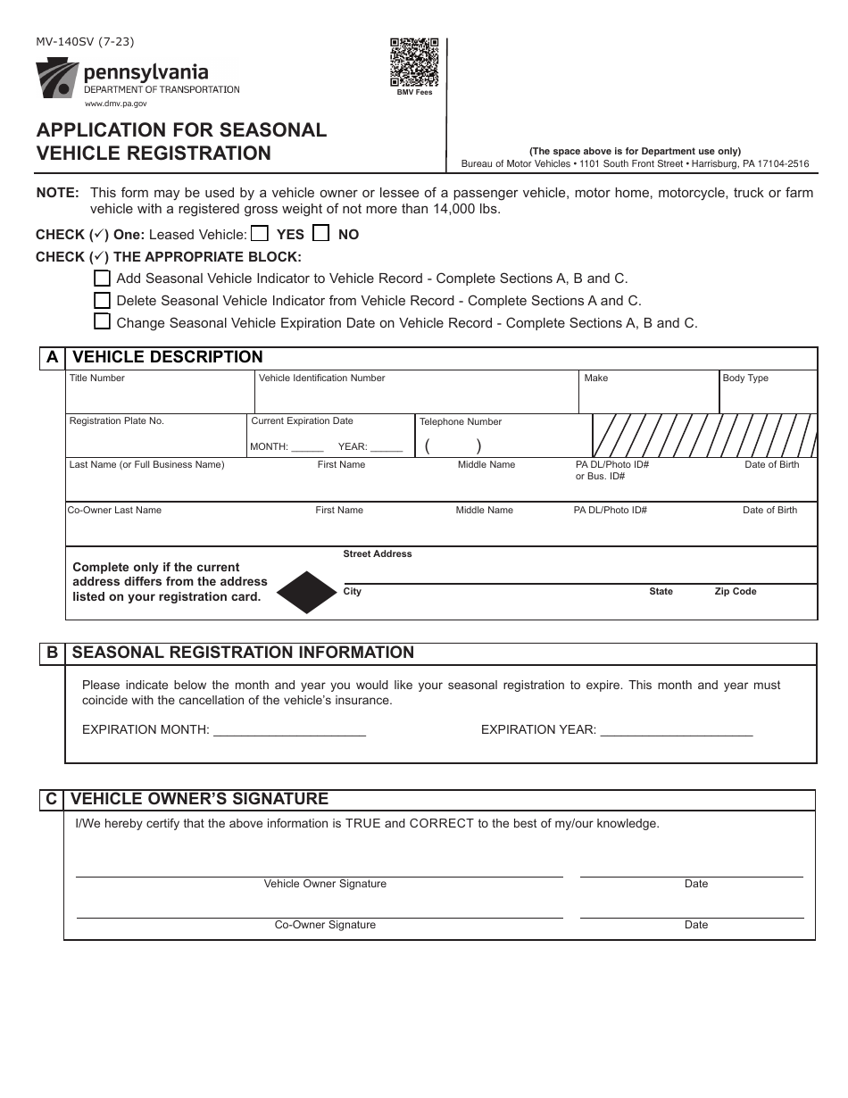 Form MV 140SV Download Fillable PDF Or Fill Online Application For   Form Mv 140sv Application For Seasonal Vehicle Registration Pennsylvania Print Big 