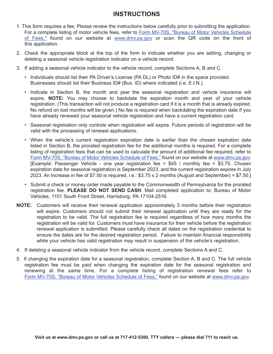 Form MV-140SV Application for Seasonal Vehicle Registration - Pennsylvania, Page 2