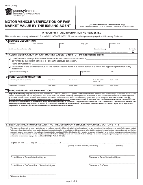 Form MV-3 Motor Vehicle Verification of Fair Market Value by the Issuing Agent - Pennsylvania