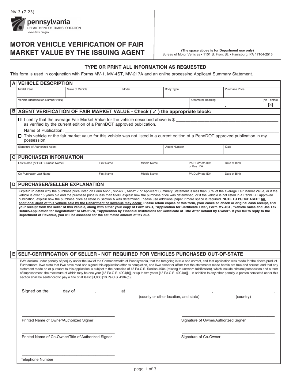 Form MV3 Download Fillable PDF or Fill Online Motor Vehicle