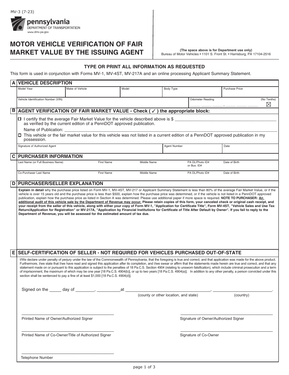 Form MV-3 Motor Vehicle Verification of Fair Market Value by the Issuing Agent - Pennsylvania, Page 1