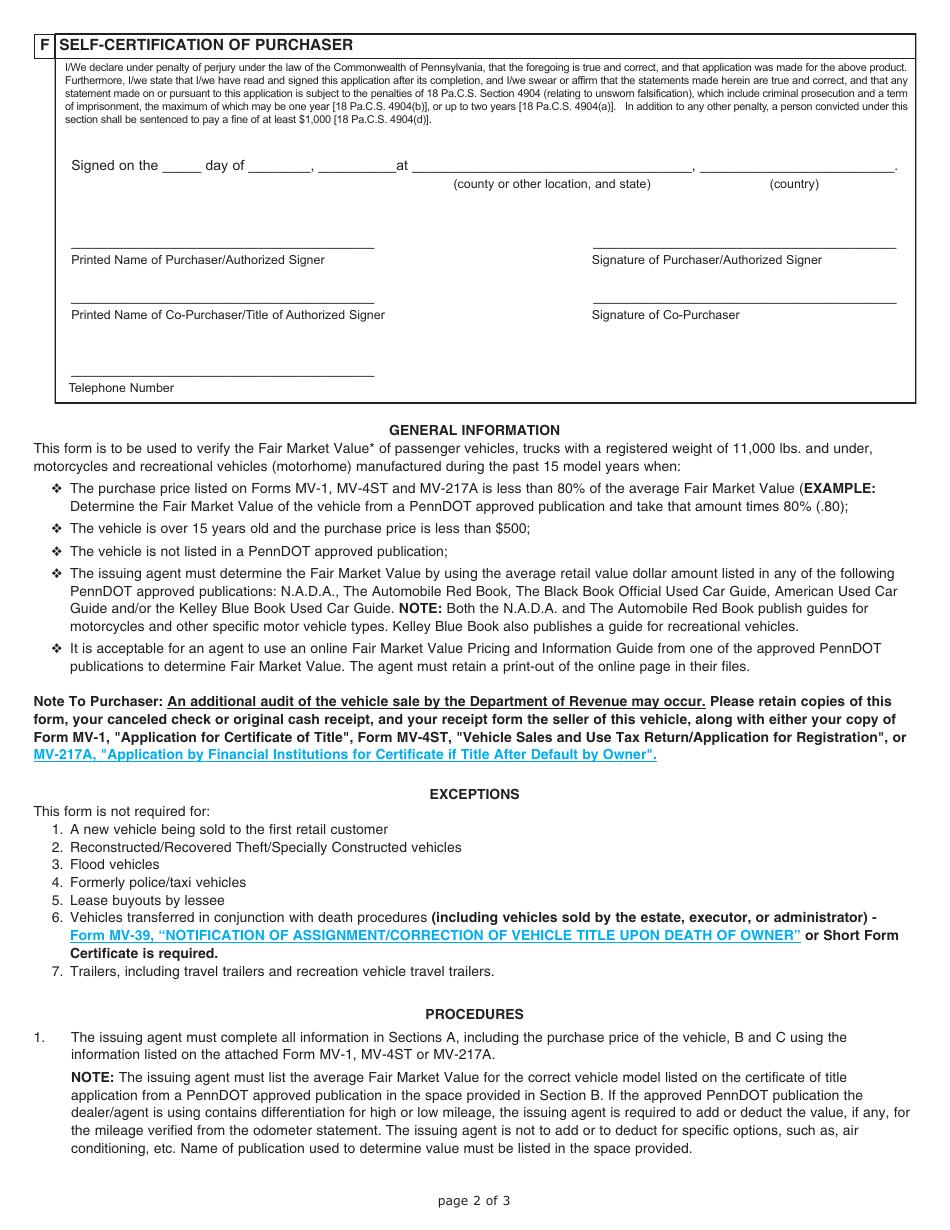 Form MV-3 Motor Vehicle Verification of Fair Market Value by the Issuing Agent - Pennsylvania, Page 2