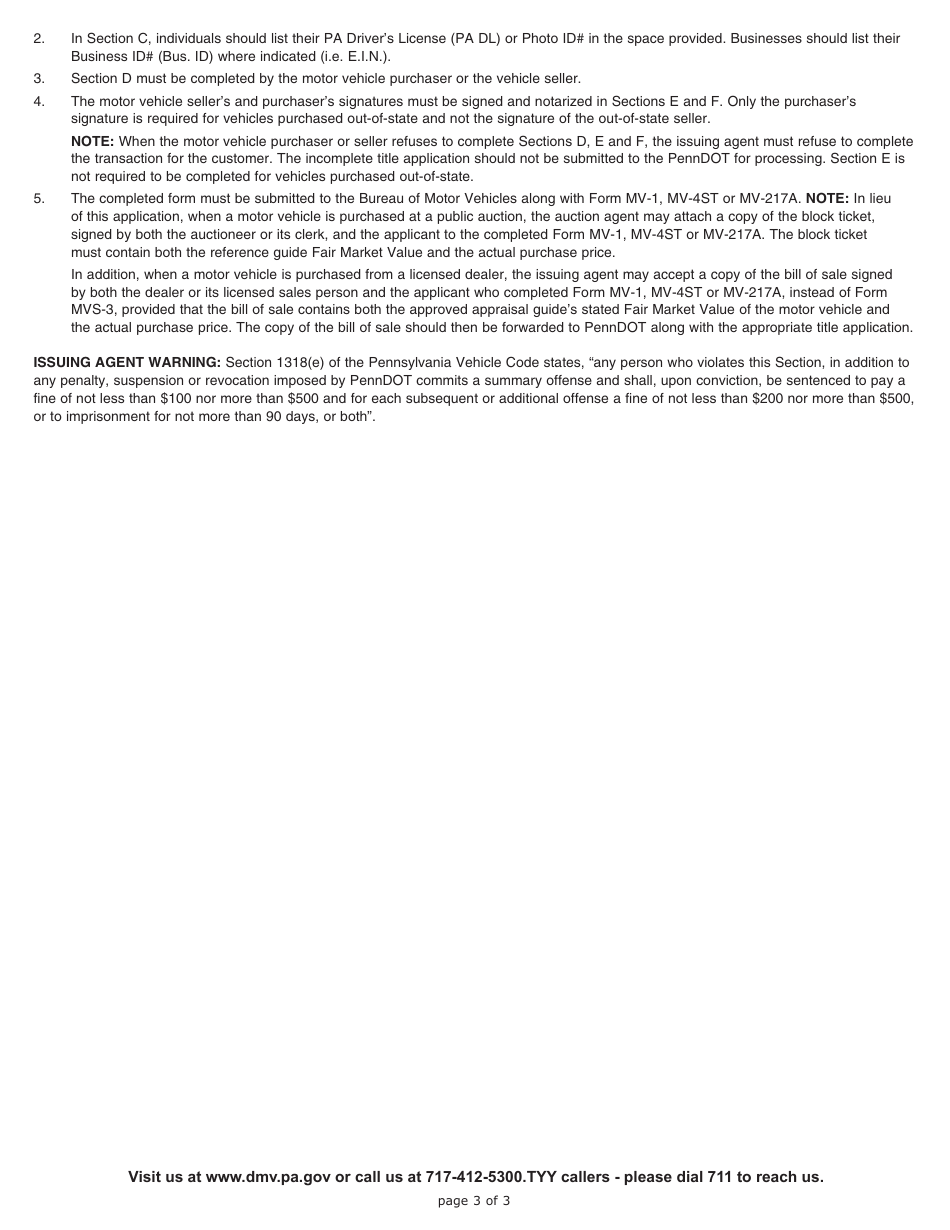 Form MV-3 Motor Vehicle Verification of Fair Market Value by the Issuing Agent - Pennsylvania, Page 3