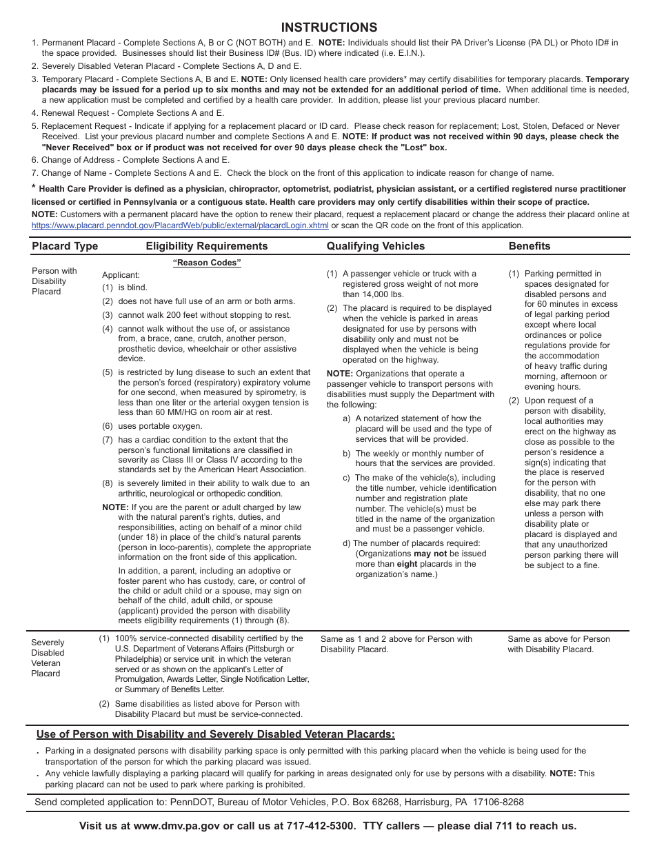 Form MV-145A Person With Disability Parking Placard Application - Pennsylvania, Page 2