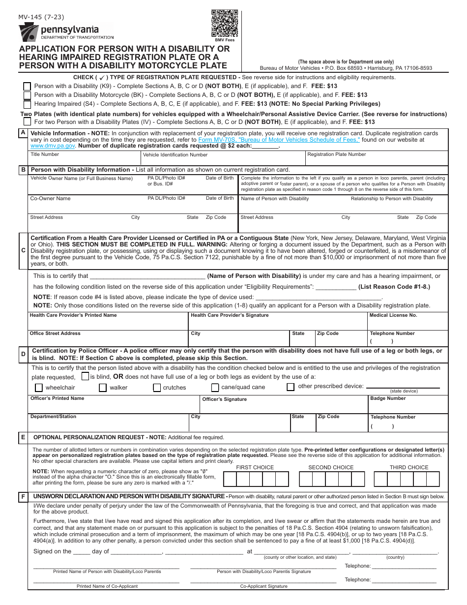 Form MV-145 Download Fillable PDF or Fill Online Application for Person ...