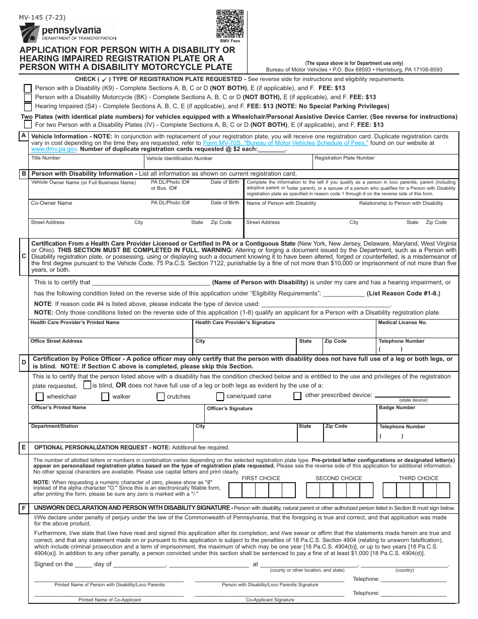 Form MV-145 Application for Person With a Disability or Hearing Impaired Registration Plate or a Person With a Disability Motorcycle Plate - Pennsylvania, Page 1