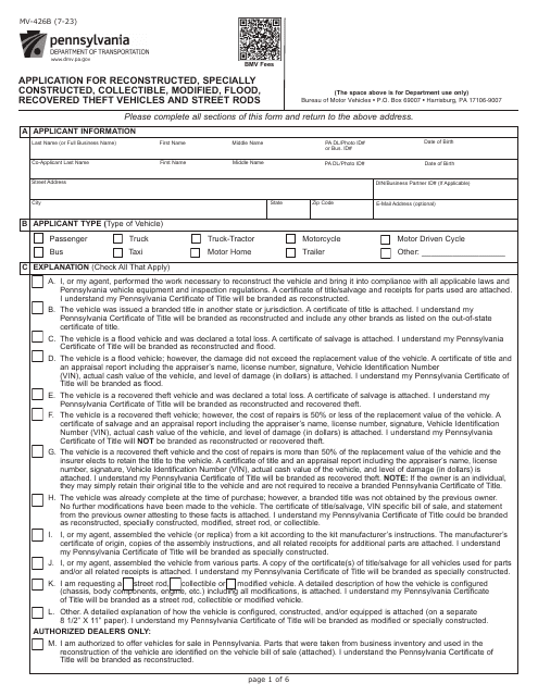 Form MV-426B Application for Reconstructed, Specially Constructed, Collectible, Modified, Flood, Recovered Theft Vehicles and Street Rods - Pennsylvania