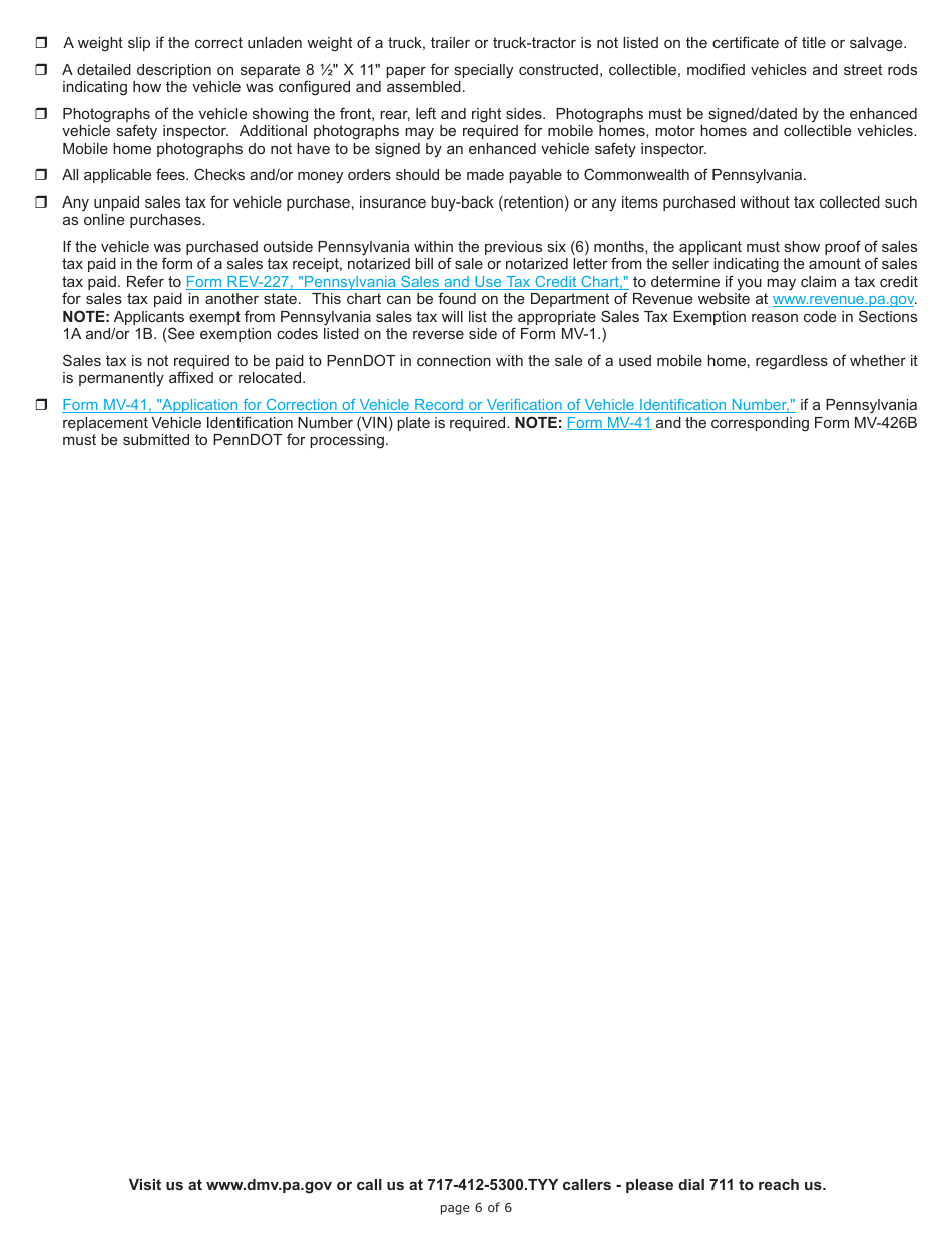 Form MV-426B Application for Reconstructed, Specially Constructed, Collectible, Modified, Flood, Recovered Theft Vehicles and Street Rods - Pennsylvania, Page 6