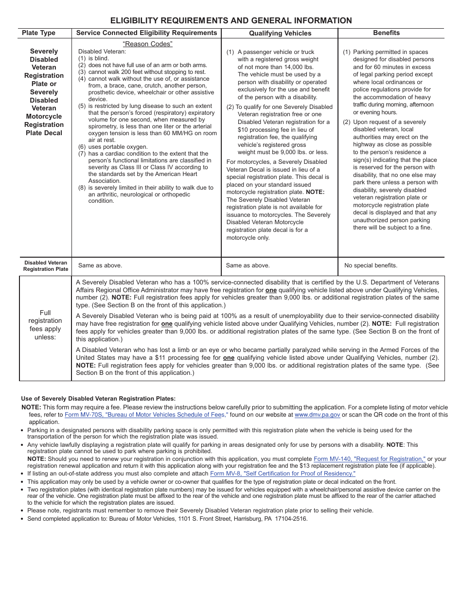 Form MV-145V Application for Disabled Veteran, Severely Disabled Veteran Registration Plate or Severely Disabled Veteran Motorcycle Plate Decal - Pennsylvania, Page 2
