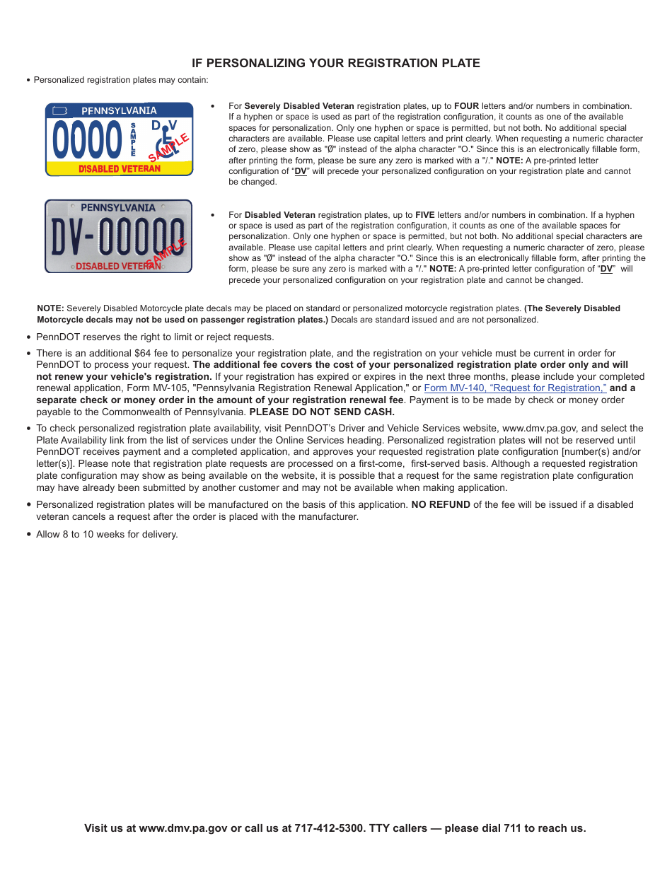 Form MV-145V Application for Disabled Veteran, Severely Disabled Veteran Registration Plate or Severely Disabled Veteran Motorcycle Plate Decal - Pennsylvania, Page 3