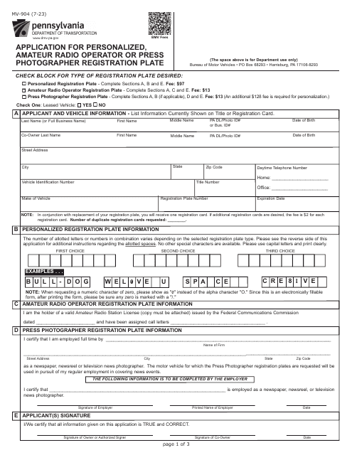 Form MV-904 Application for Personalized, Amateur Radio Operator or Press Photographer Registration Plate - Pennsylvania