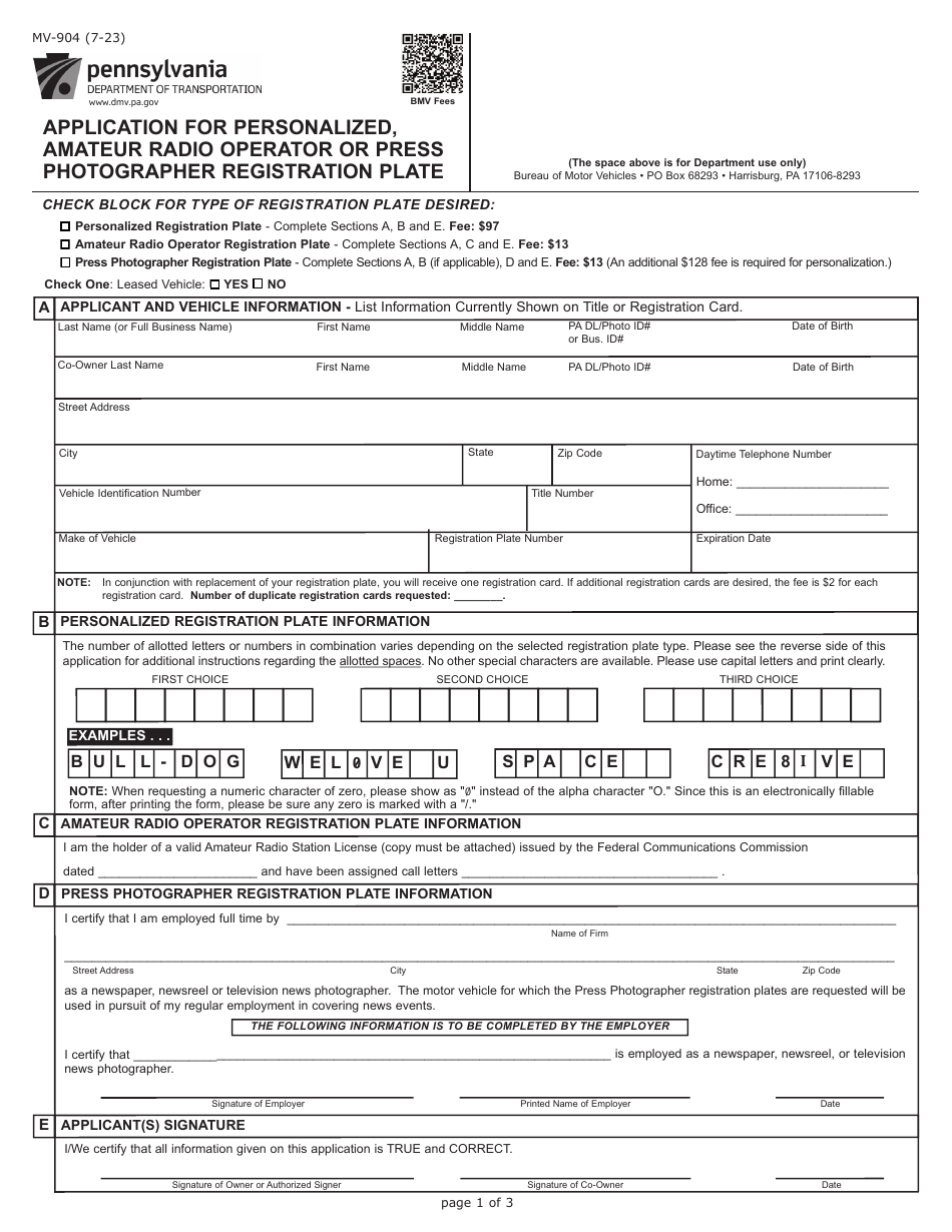 Form MV-904 Application for Personalized, Amateur Radio Operator or Press Photographer Registration Plate - Pennsylvania, Page 1