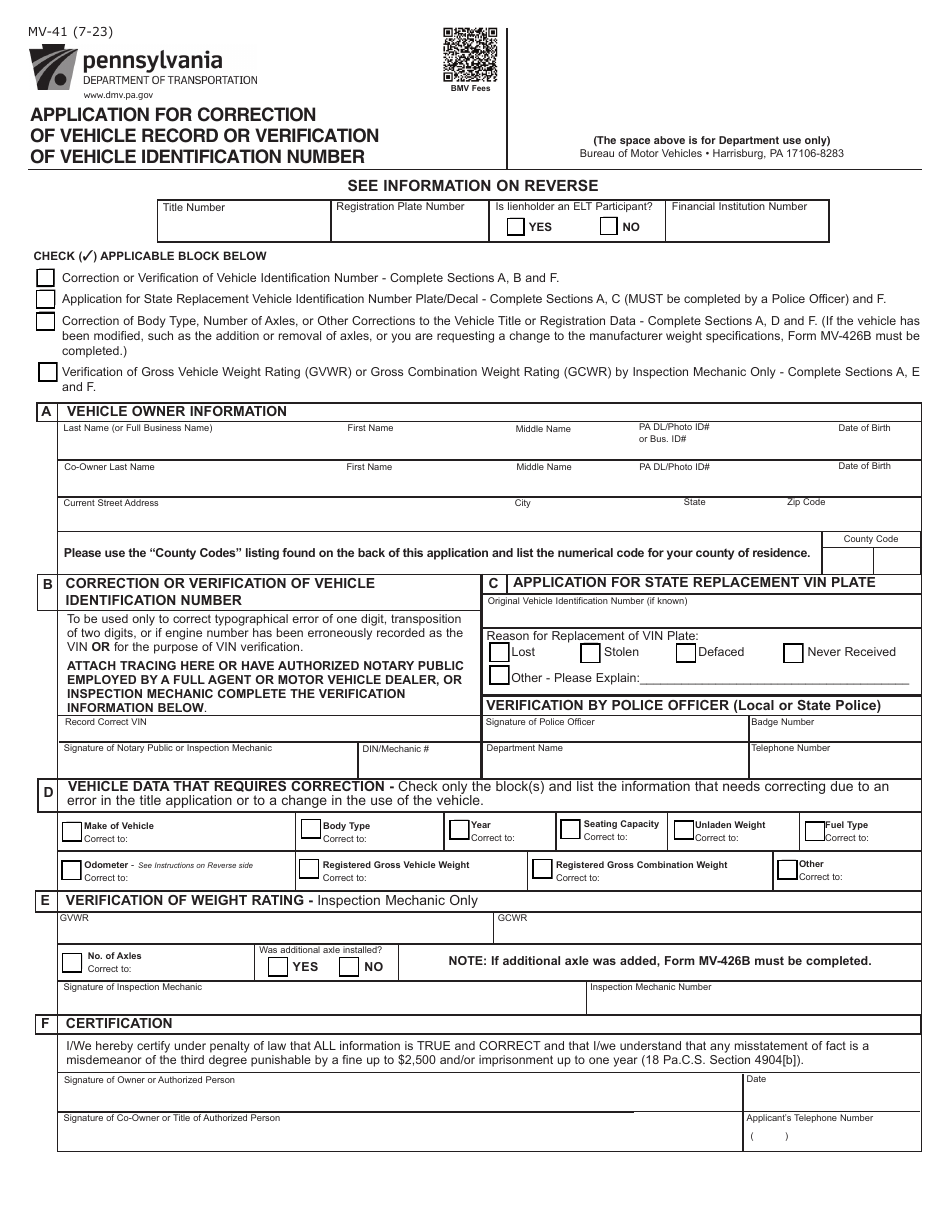 Form MV-41 Application for Correction of Vehicle Record or Verification of Vehicle Identification Number - Pennsylvania, Page 1