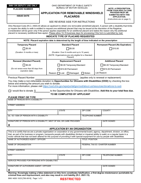 Form BMV4826 Application for Removable Windshield Placards - Ohio