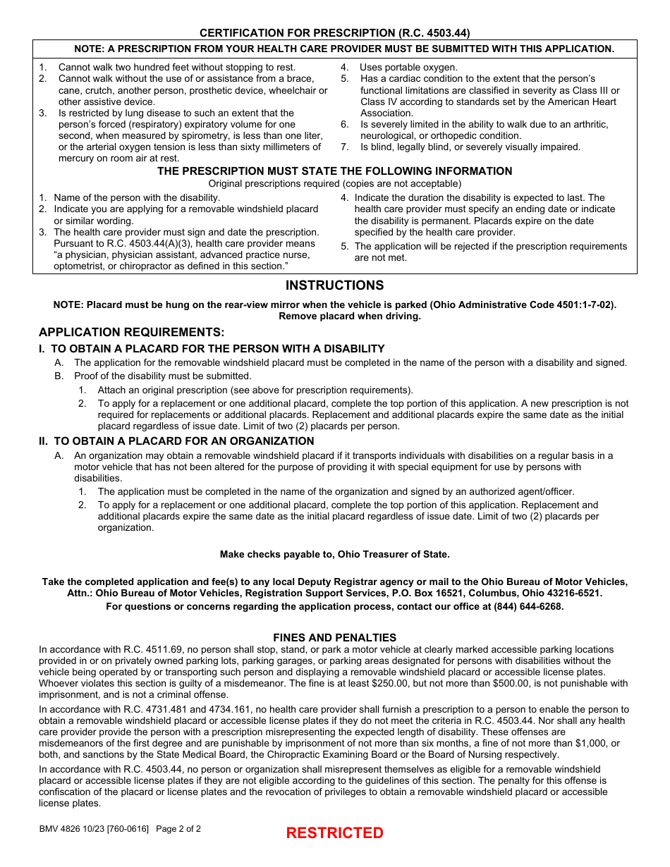 Form BMV4826 Application for Removable Windshield Placards - Ohio, Page 2