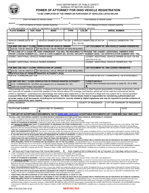 Form BMV5736 Power of Attorney for Ohio Vehicle Registration - Ohio