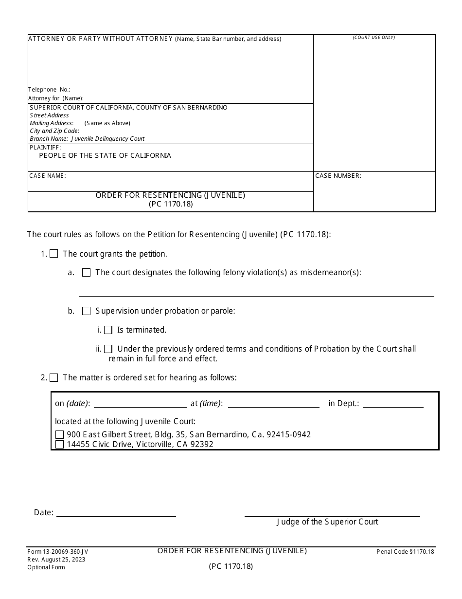 Form 13-20069-360 Order for Resentencing (Juvenile) - County of San Bernardino, California, Page 1